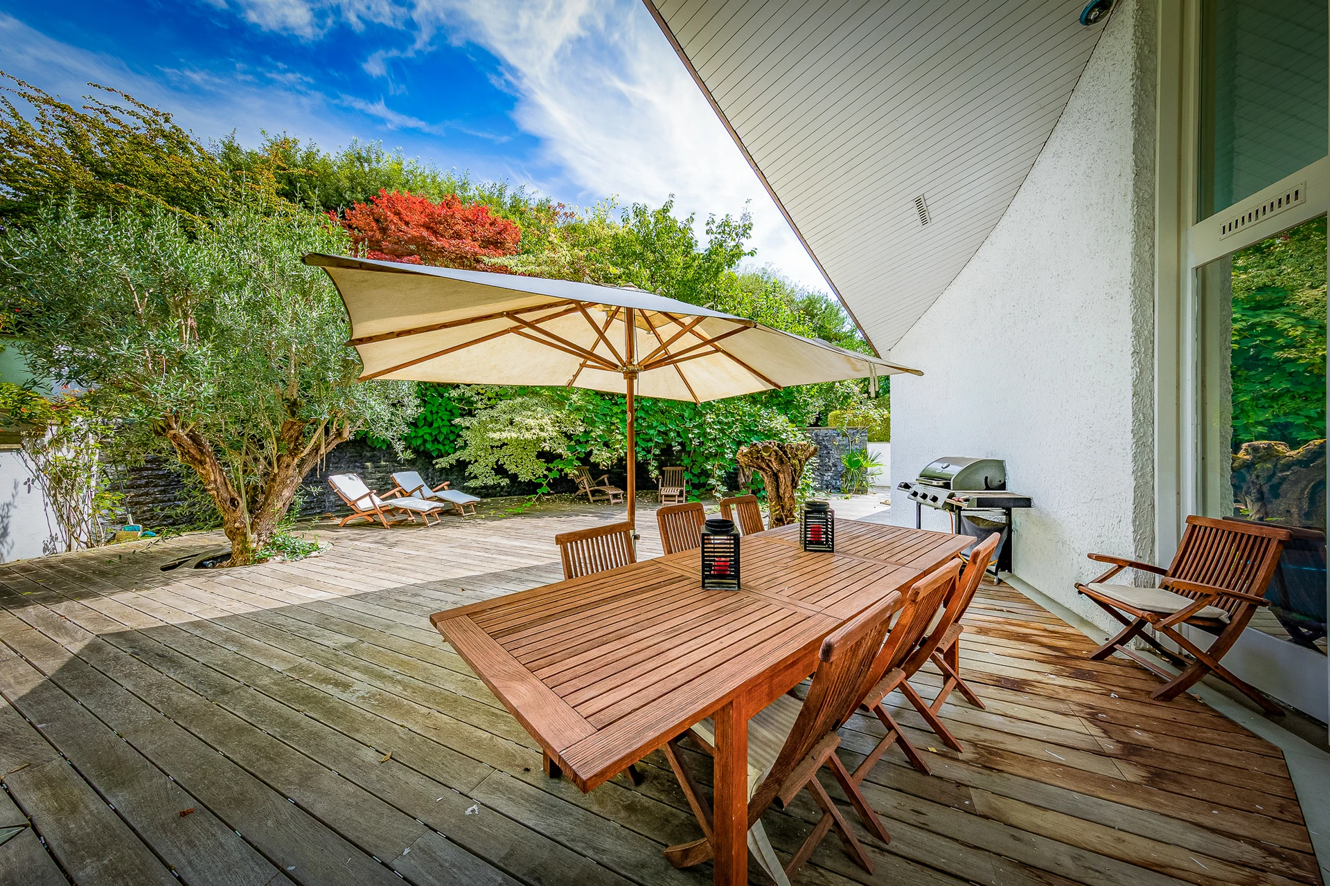 Terrasse en bois d'un jardin genevois, table et parasol à l'ombre d'un olivier